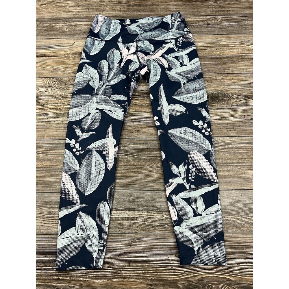 Apana Cropped Leggings Blue‎ Green Leaf Print Capri's Sz Small Gym Athleisure